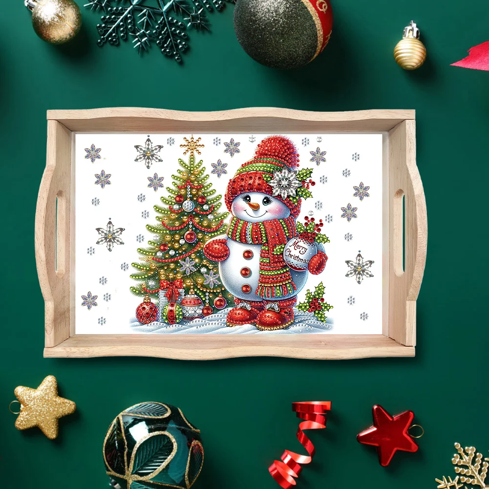 DIY Christmas Snowman Diamond Painting Wooden Serving Tray Diamond Art Dining Plate(30*20cm)
