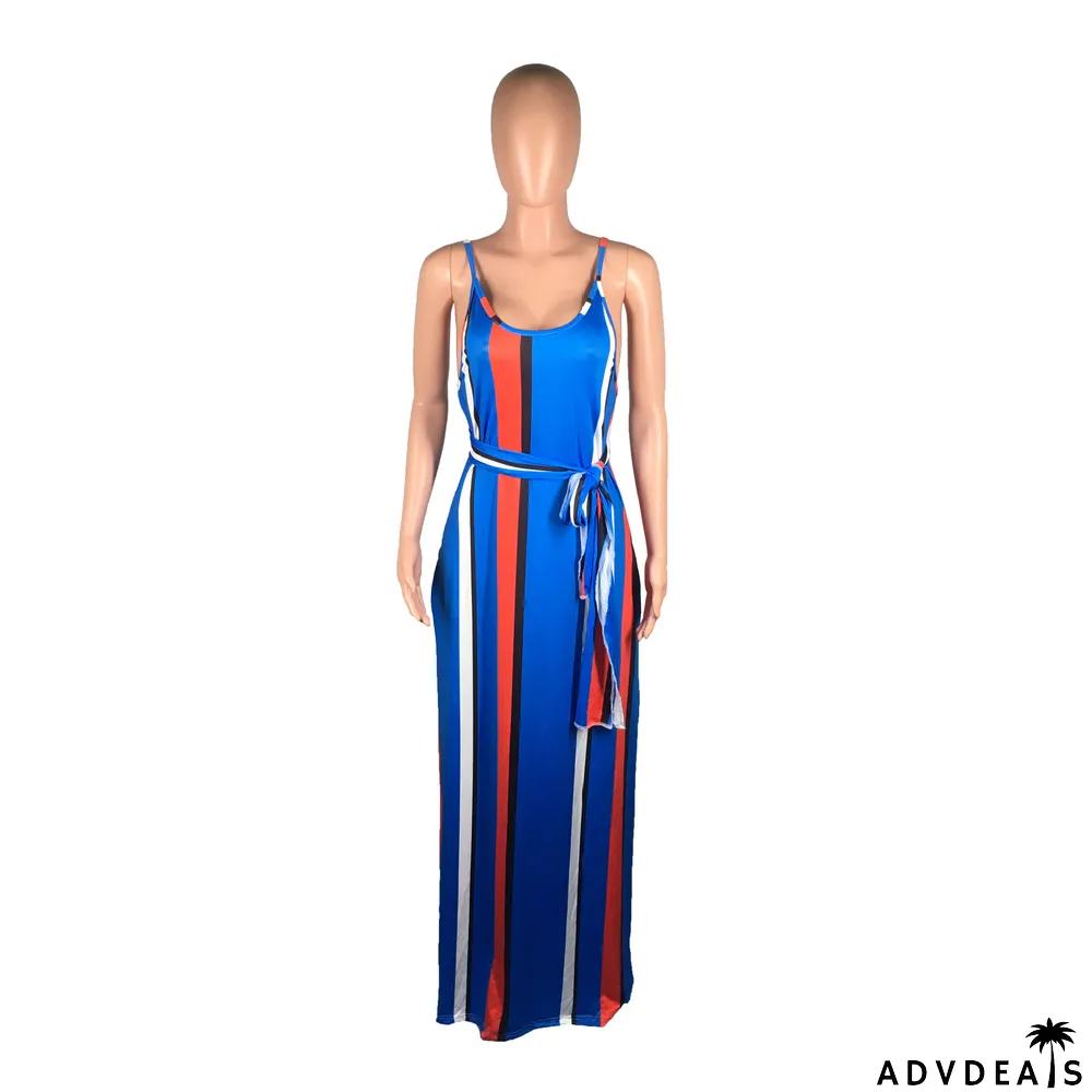 Striped Print Spaghetti Strap Loose Maxi Dresses