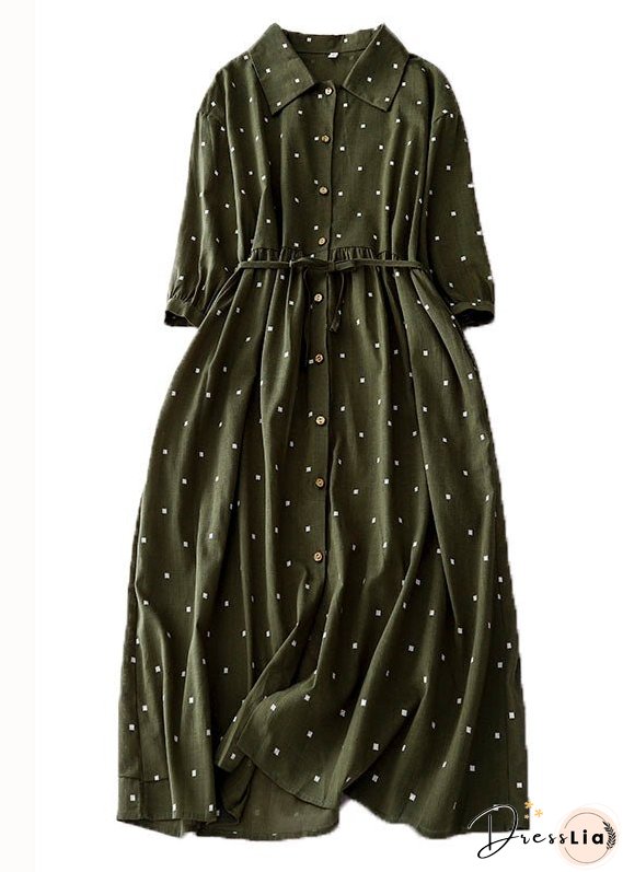 Green Print Patchwork Cotton Dresses Peter Pan Collar Tie Waist Summer