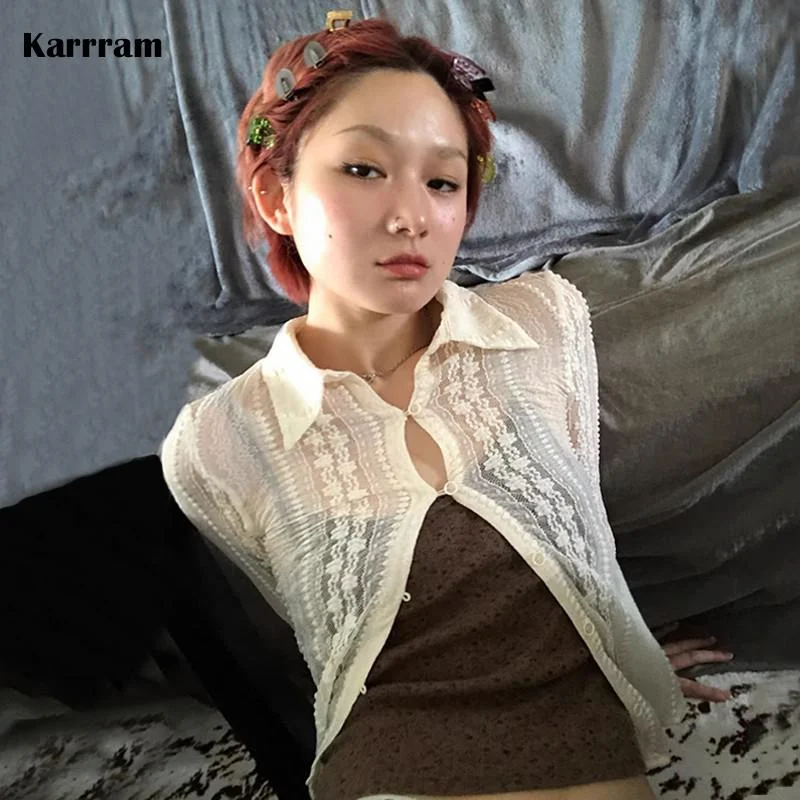 Colourp Fairycore Lace Shirt Y2k Aesthetics Japanese Harajuku Blouses See Through E-girl Clothes Vintage Streetwear Korean 00s