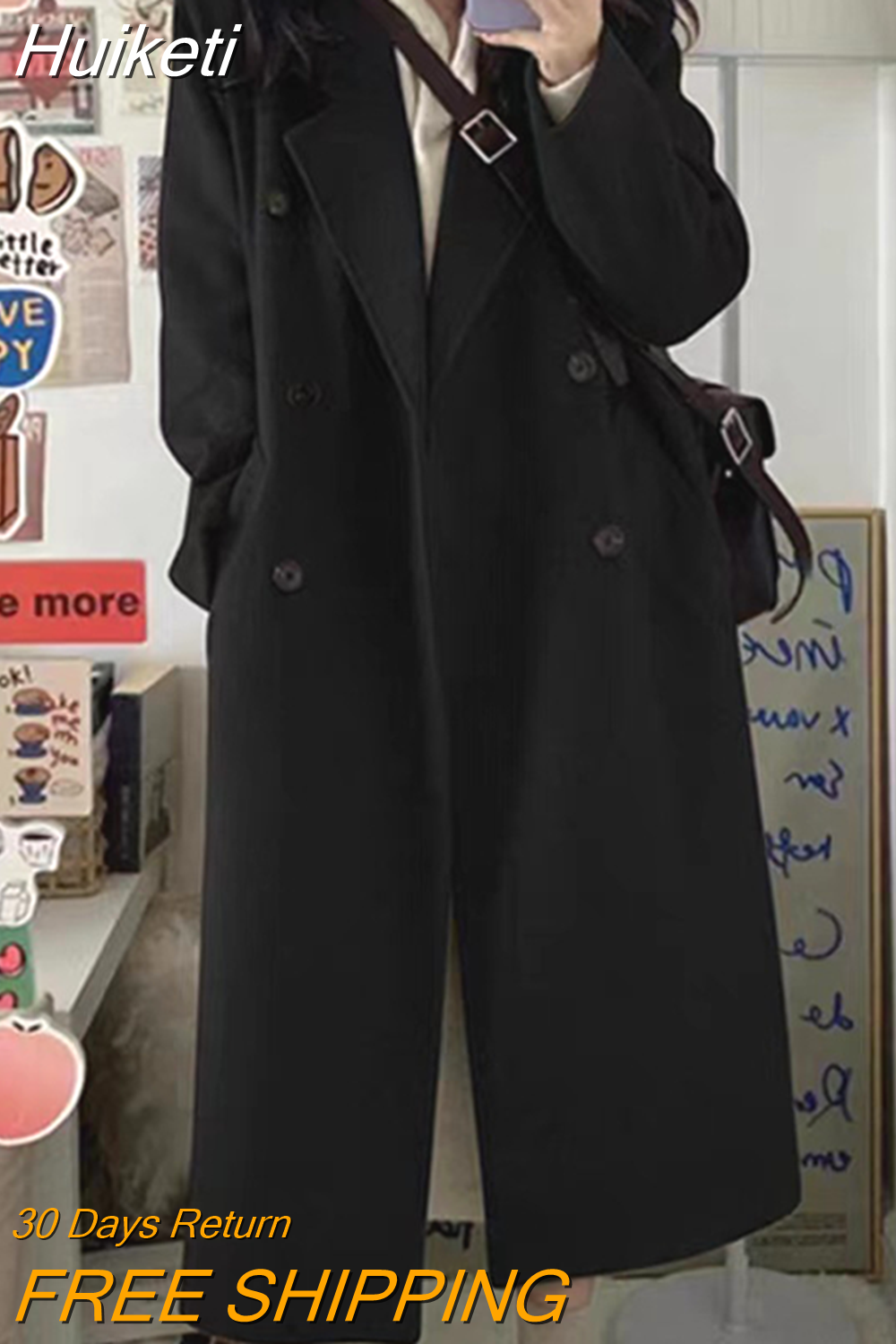 Huiketi Winter Long Coat Women Korean Fashion Maxi Overcoat Female Vintage Chic Maxi Outerwear Lady Casual Loose Faux Woolen Coat