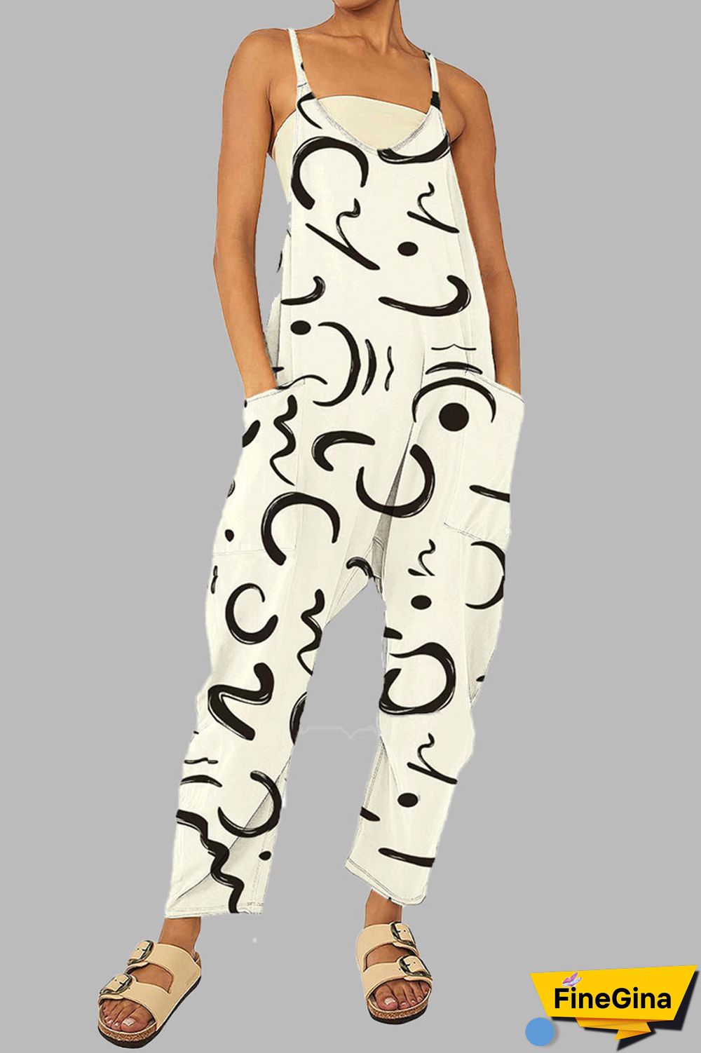 Black khaki Casual Gradual Change Print Patchwork Pocket Zipper Spaghetti Strap Loose Jumpsuits