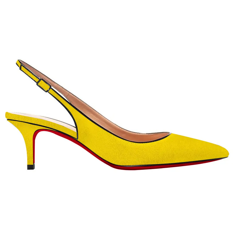 Women's Pointed Toe Slingback Shoes Kitten Heel Pumps Comfortable Dress Yellow Suede Shoes-vocosishoes