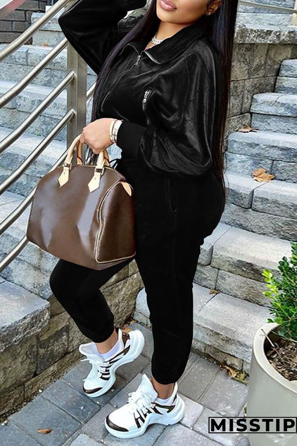 Burgundy Casual Solid Patchwork Zipper Zipper Collar Long Sleeve Two Pieces