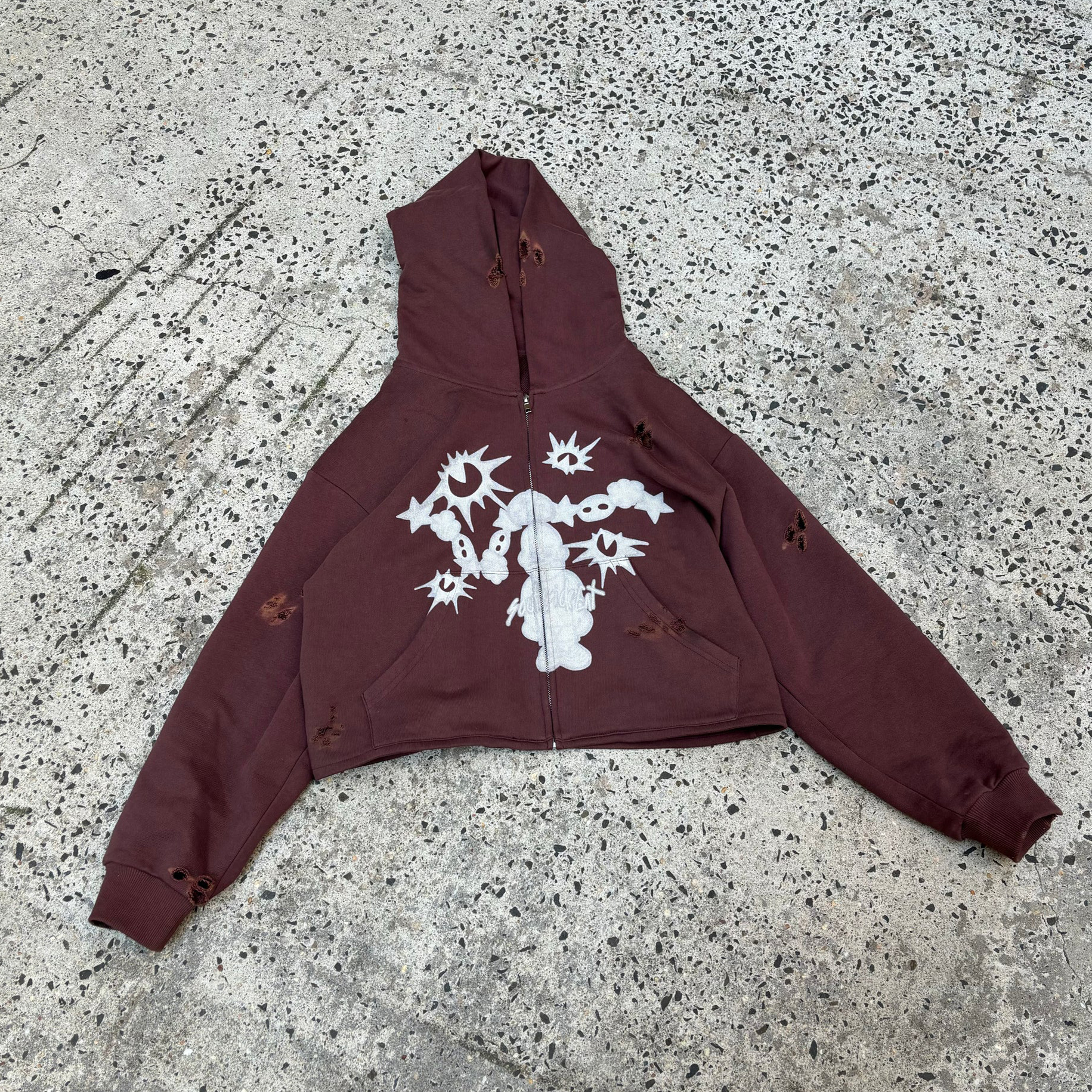Solid Color Cropped Distressed Zip Hoodie