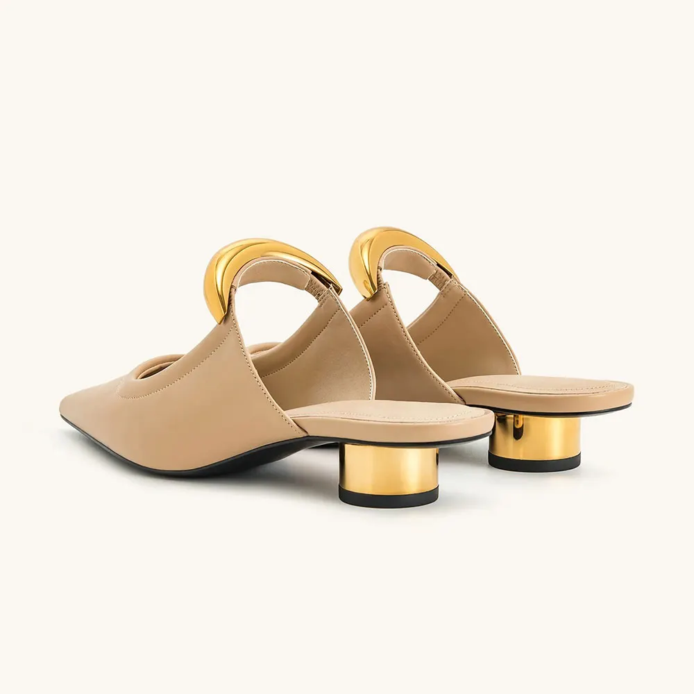 Khaki Vegan Leather Closed Pointed Toe Casual Heeled Mules