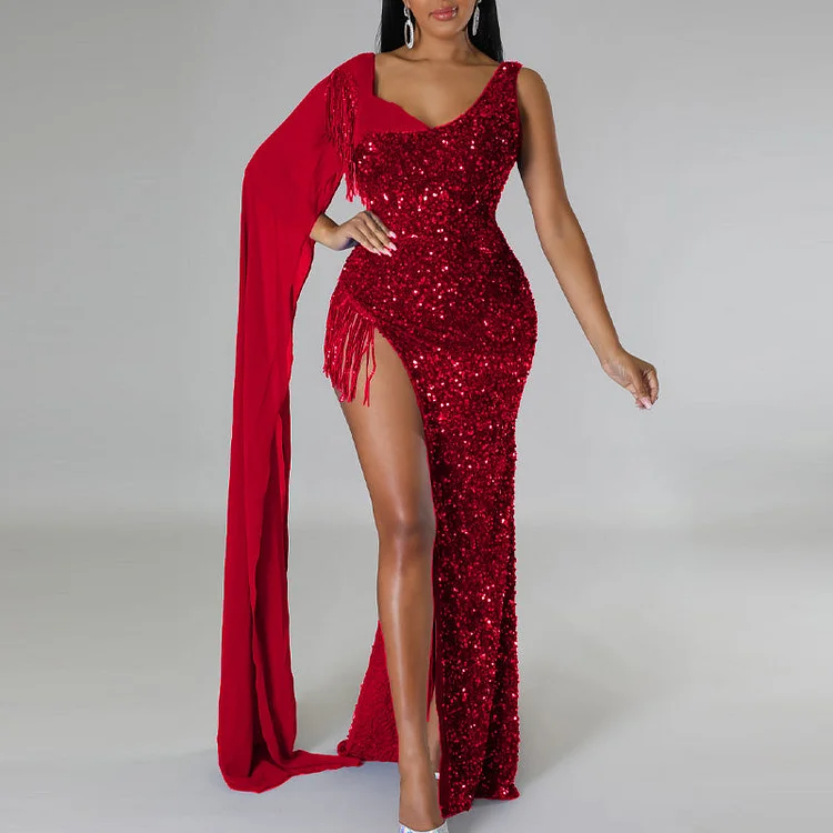 Sequins High Slit Cape Evening Dress - IRBOOM Fashion Clothing