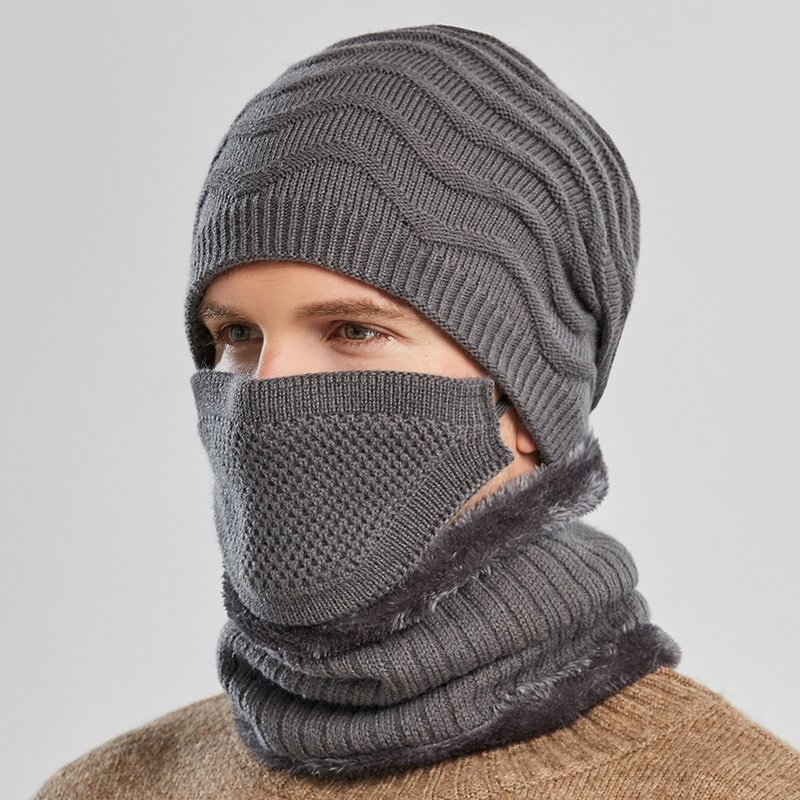 Men's warm knitted winter mask three-piece scarf and woolen cap