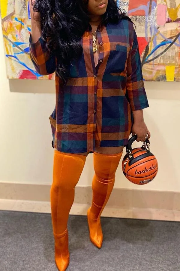 3/4 Length Sleeve Plaid Shirt Mini Dress