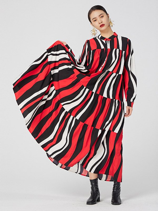 Urban Loose Contrast Striped Color Midi Dress