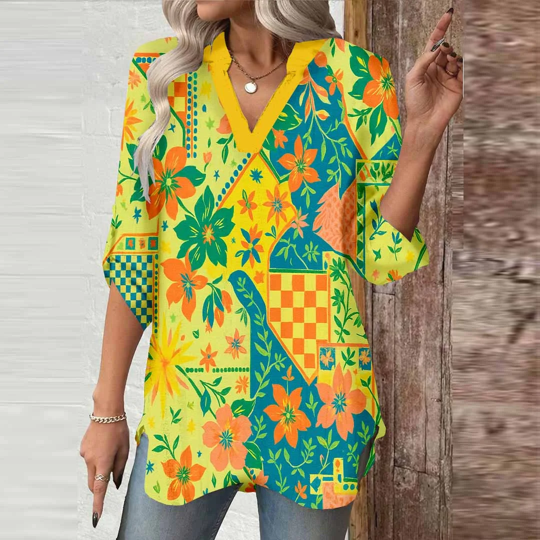 Women Patchwork, Floral, Yellow, Orange DZGA0205 3/4 Sleeve V-neck Printed Graphic Button Tops