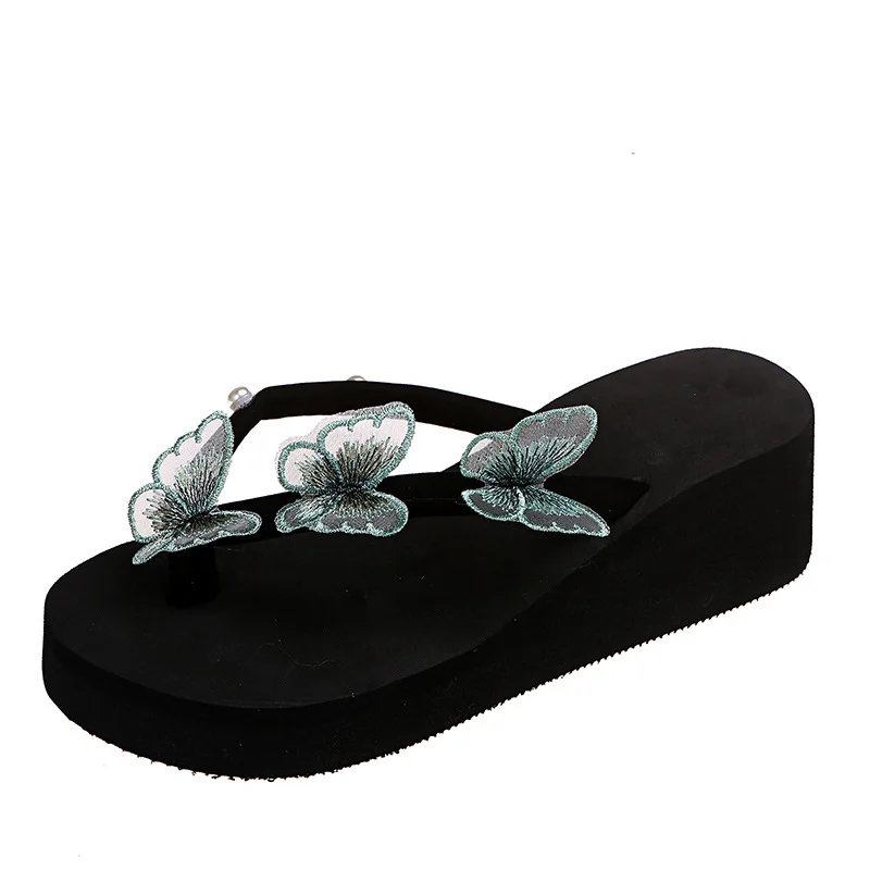 Ueong Butterfly Flip-Flops Thick Bottom Slope With One Word With Pearl Large Size Beach Cool Flip-Flops