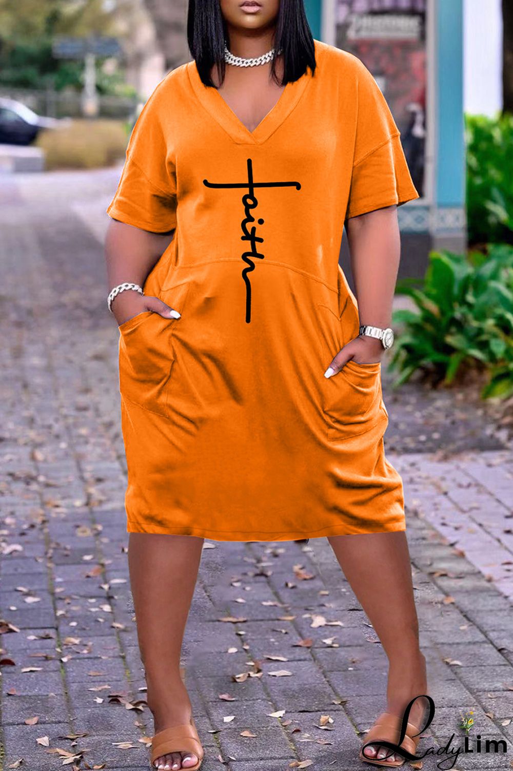 Red Fashion Casual Print Basic V Neck Short Sleeve Dress