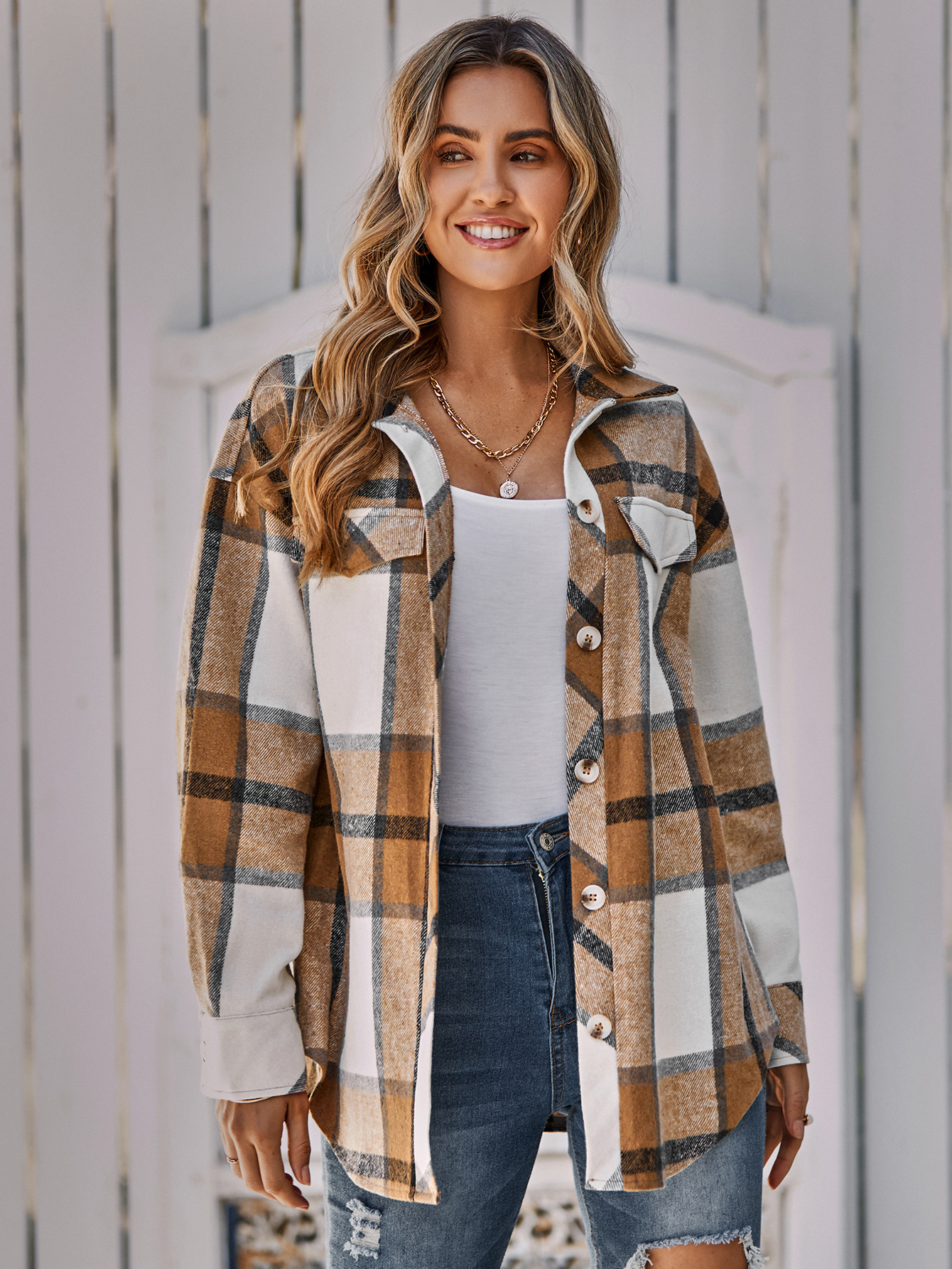 Fashion Women's Long Casual Plaid Shirt Coat