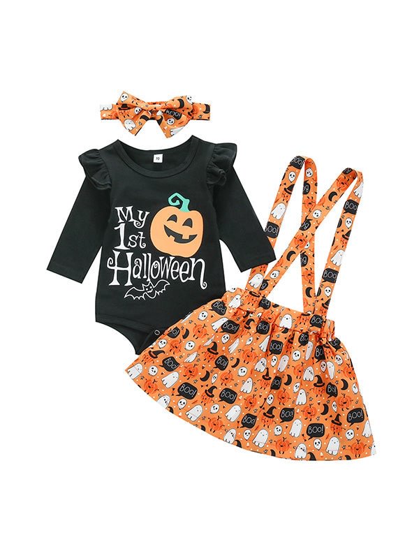 Toddler Baby Girls Pumpkin 3pcs Halloween Outfit-elleschic