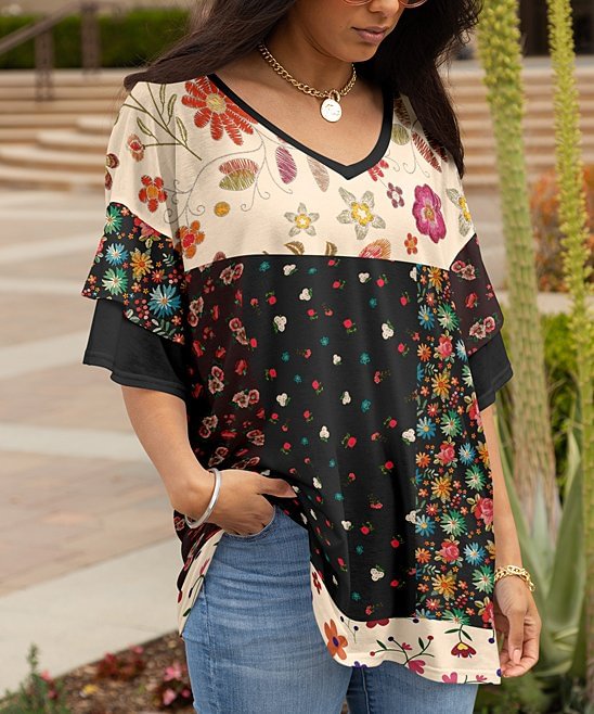 Black & Beige Floral Color Block Double-Sleeve V-Neck Tunic - Women & Plus