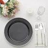10 Pack | 10" Black / Silver Beaded Rim Plastic Dinner Plates, Disposable Round Party Plates