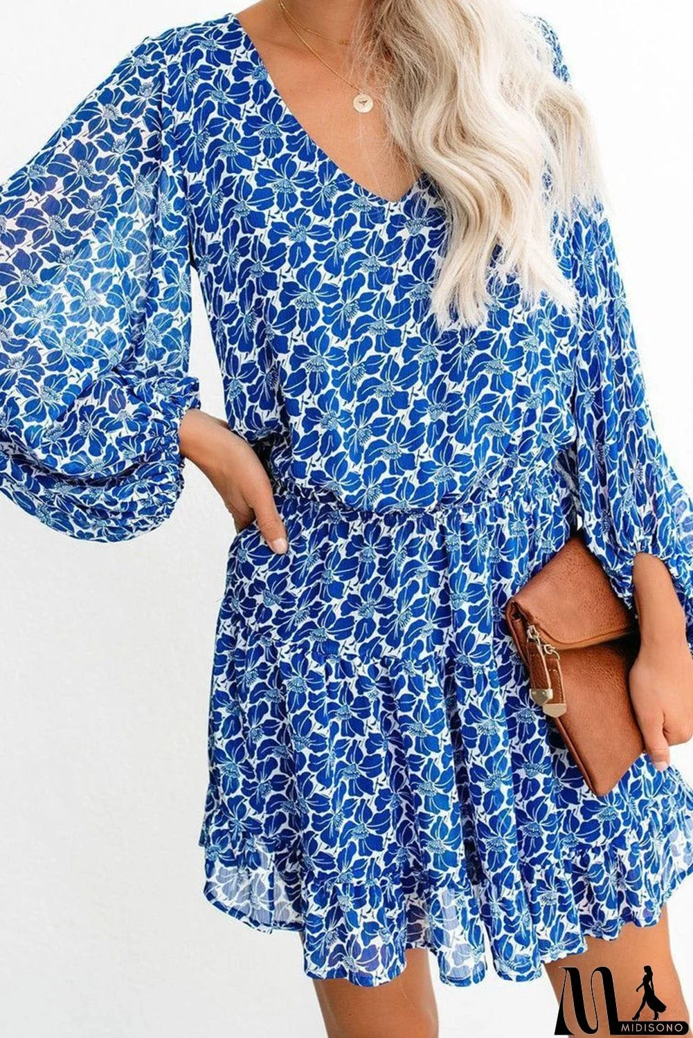 MidiSono - V Neck Lantern Sleeves Floral Tunic Dress