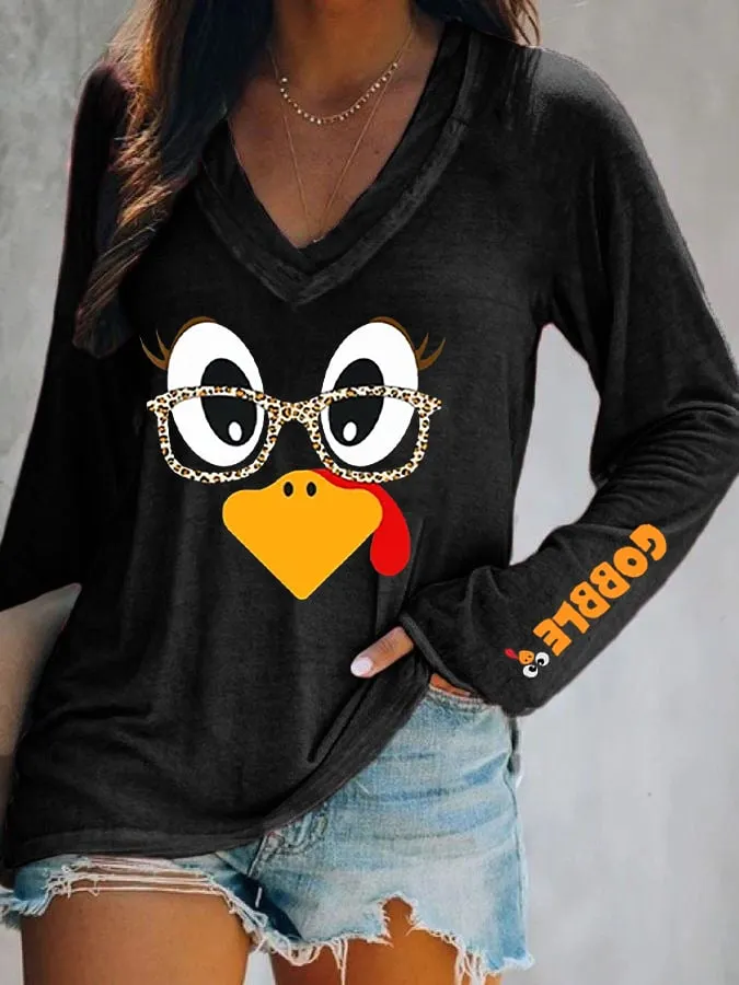 Women's Cute Turkey Fall Thanksgiving Casual Long-Sleeve T-Shirt 