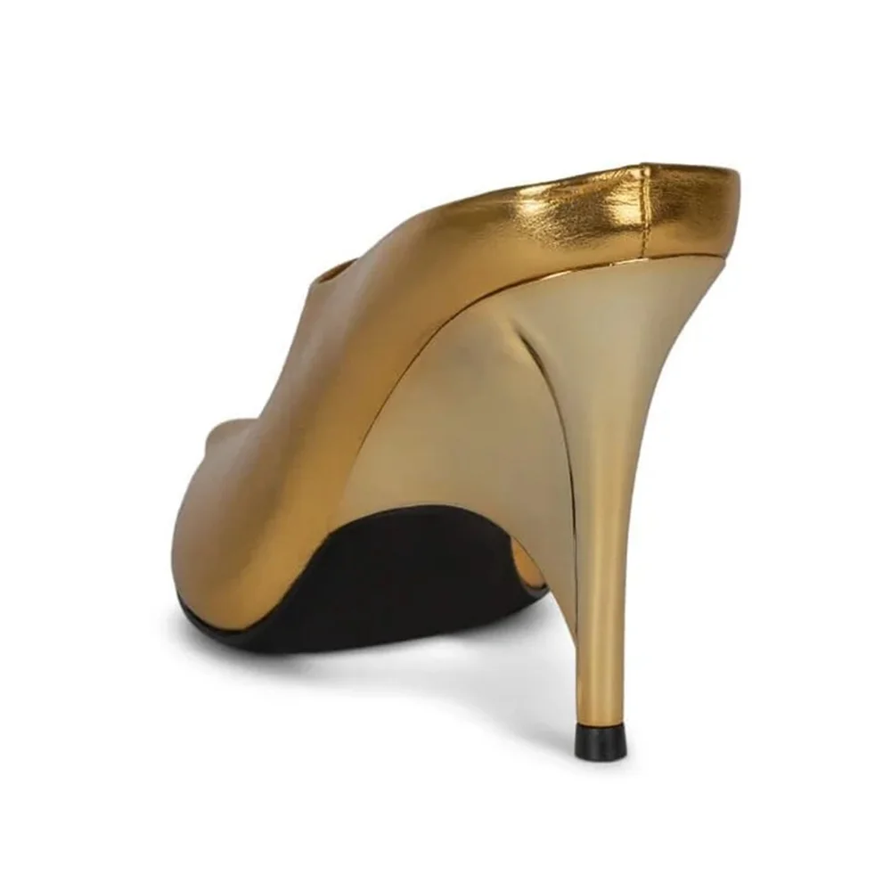 Eye-Catching Gold Metallic Finish Pointed Toe Slip-On Mule Heels
