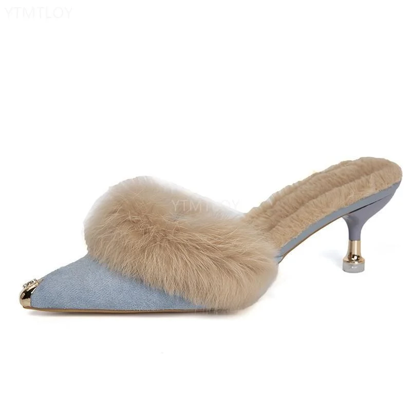 Fur Slippers Mules Pointed Toe Elegant High Heels Shoes Women's Autumn New Furry Slides Flip Flops Office Work Ytmtloy Indoor
