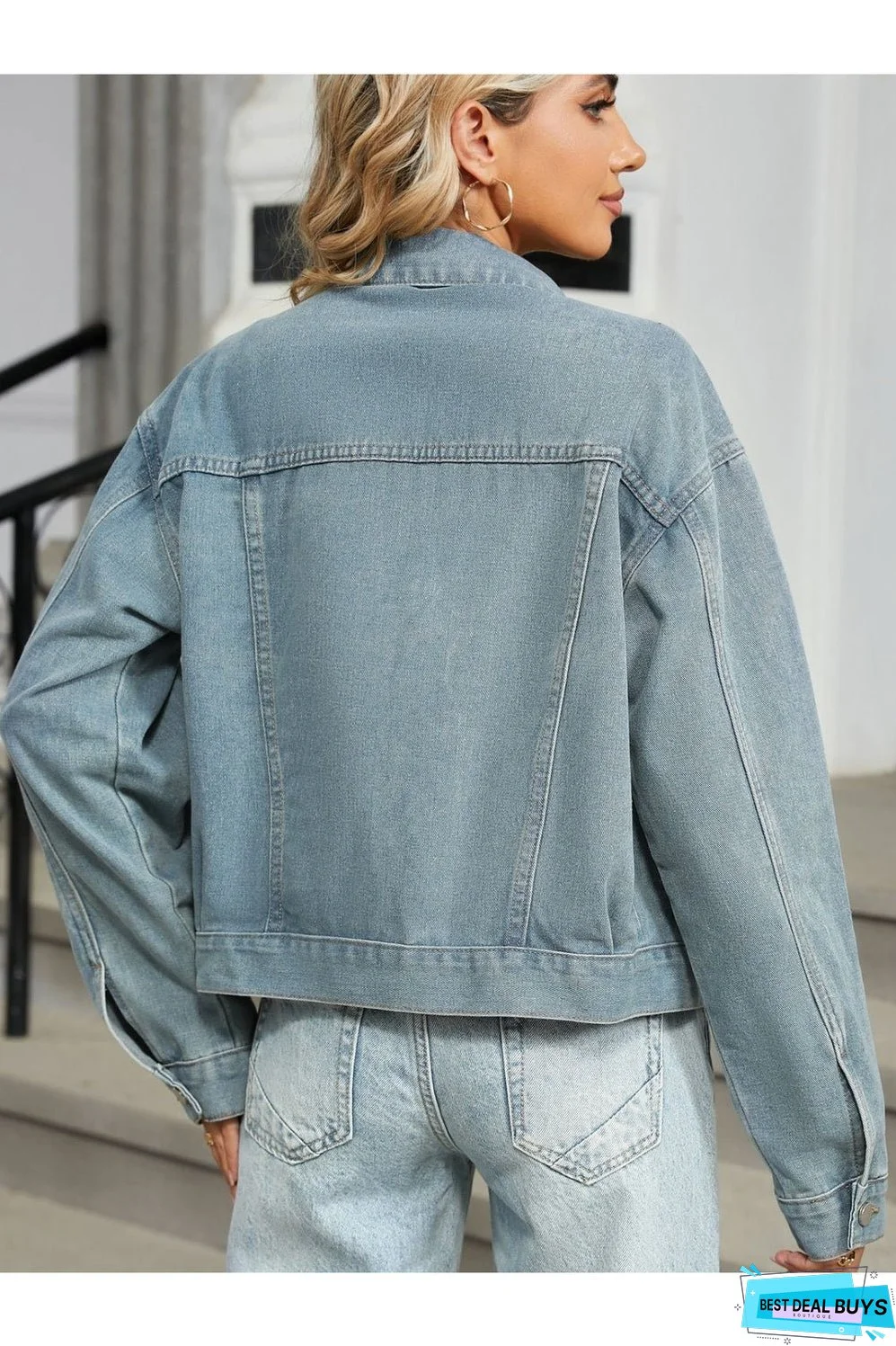 Rhinestone & Peal Trim Button Down Long Sleeve Denim Jacket