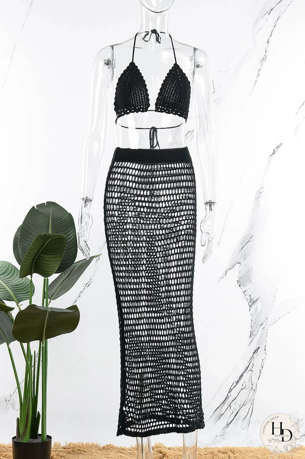 Tangerine Red Sexy Solid Hollowed Out Patchwork Halter Sleeveless Two Pieces