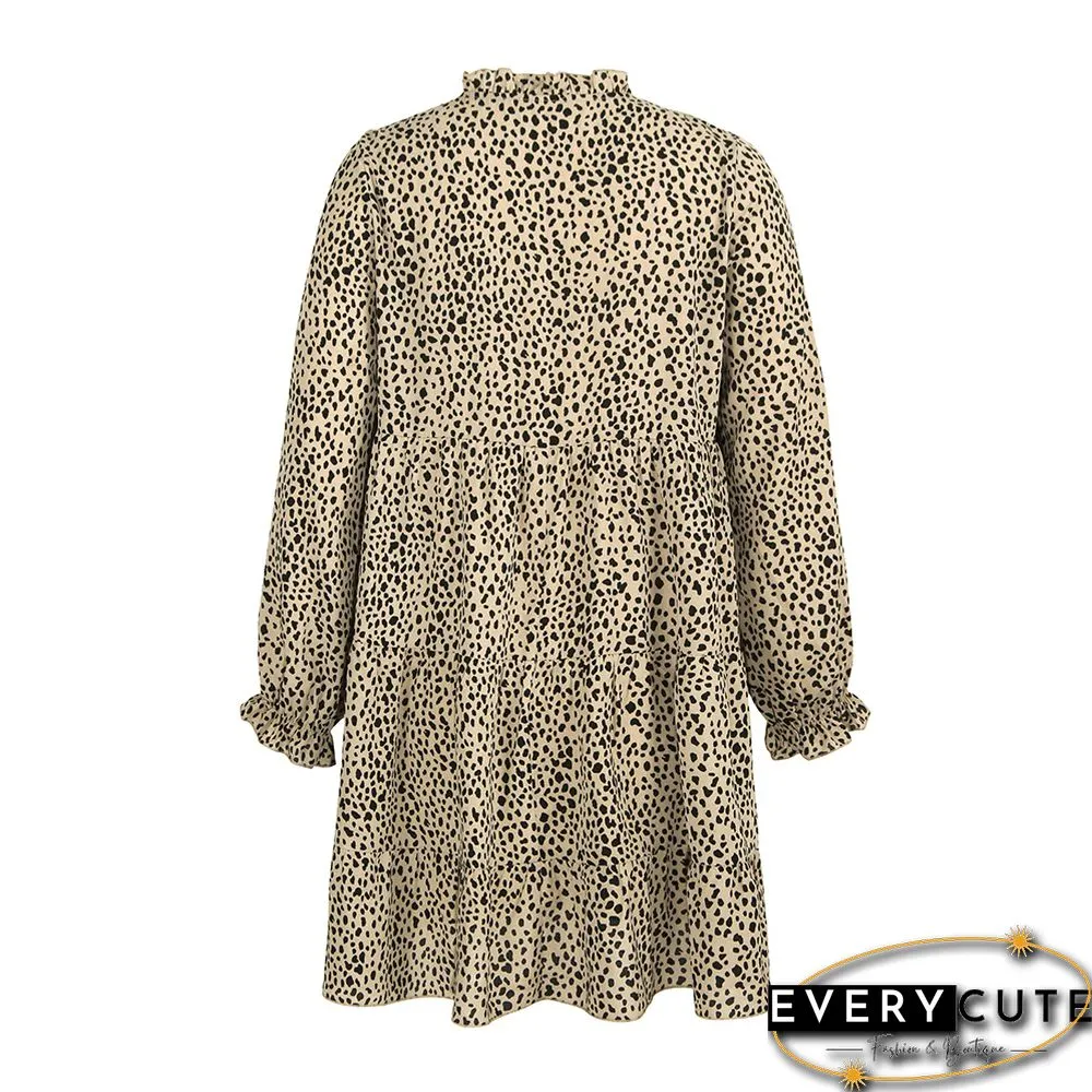 Khaki Spots Print Lace-up Long Sleeve Dress
