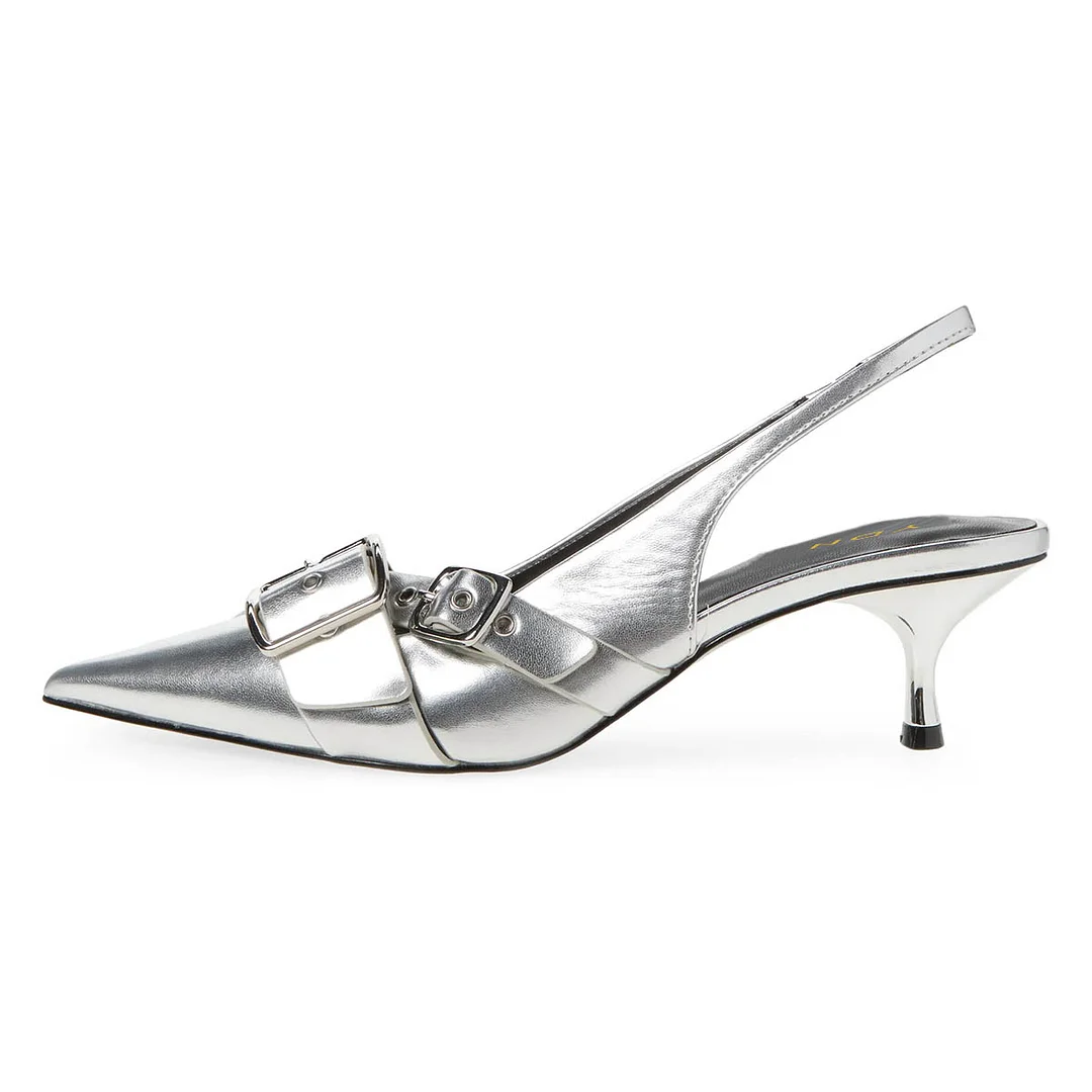 Silver Buckle Strap Pointed Toe Slingback Pumps with Kitten Heel
