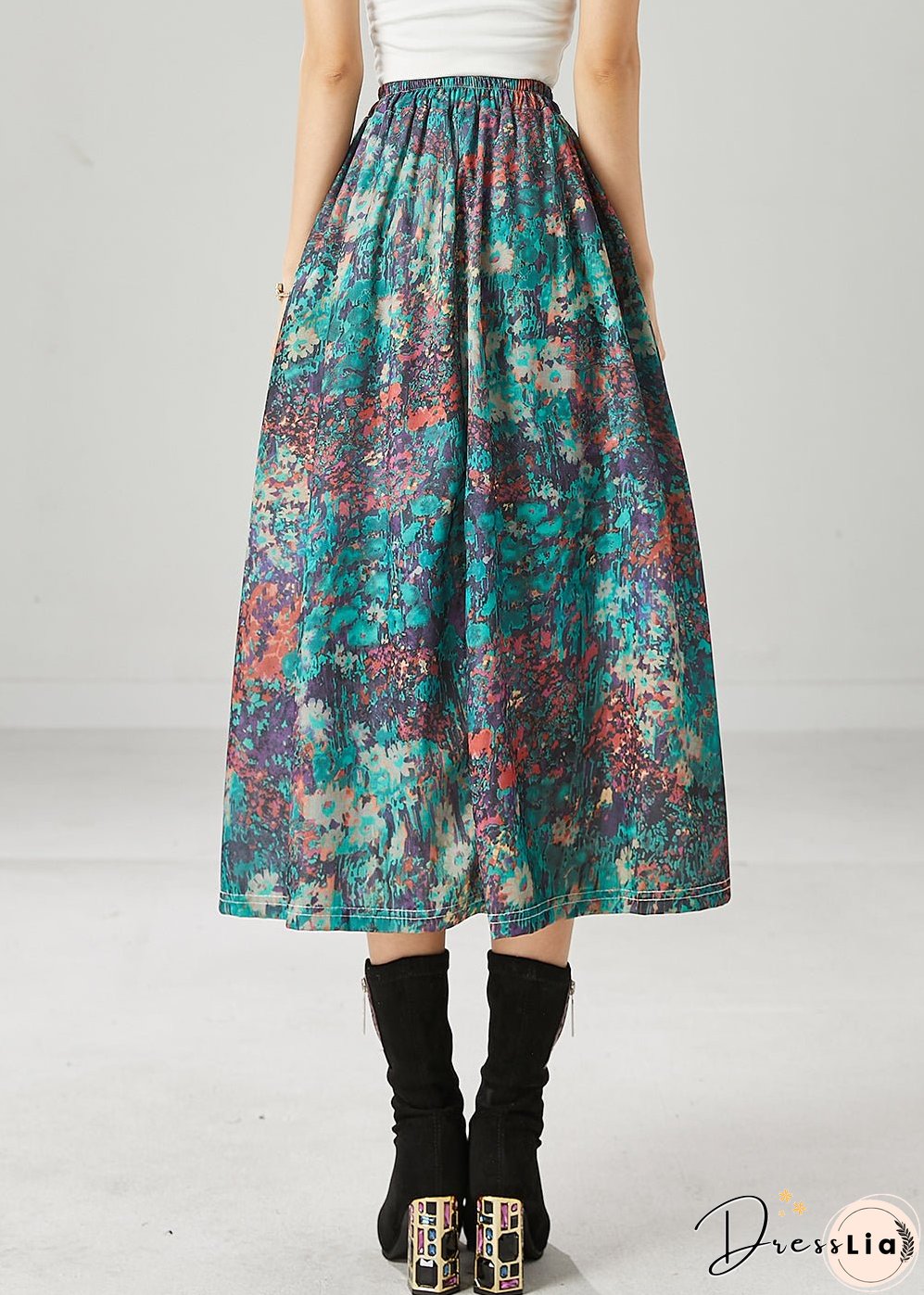 Unique Green Print Exra Large Hem Cotton Skirts Spring