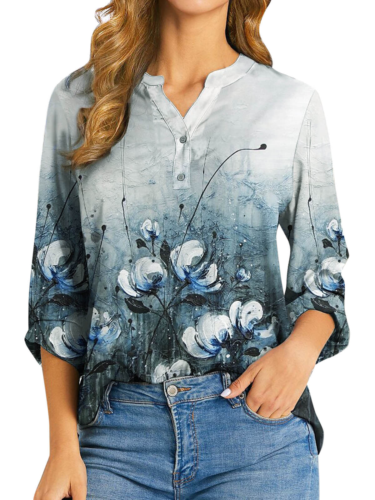 Women's Long Sleeve V-Neck Solid Floral Printed Tops