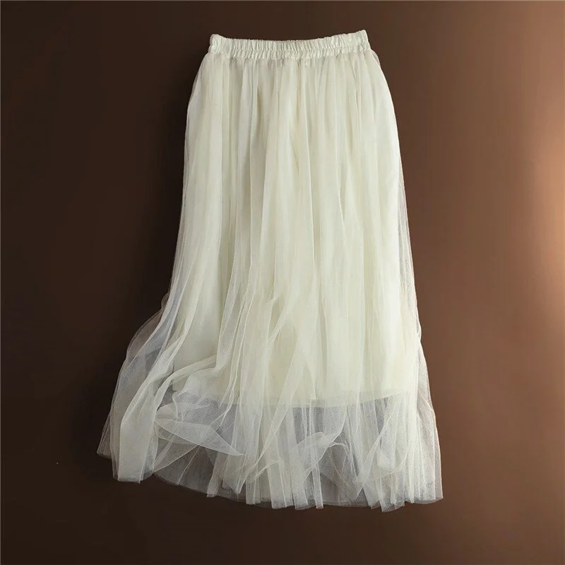 Korean Women 2 Layers Yarn Tulle Skirts Womens Midi Pleated Skirt Tulle Skirts Spring Summer Elastic High Waist Mesh Tutu Skirt