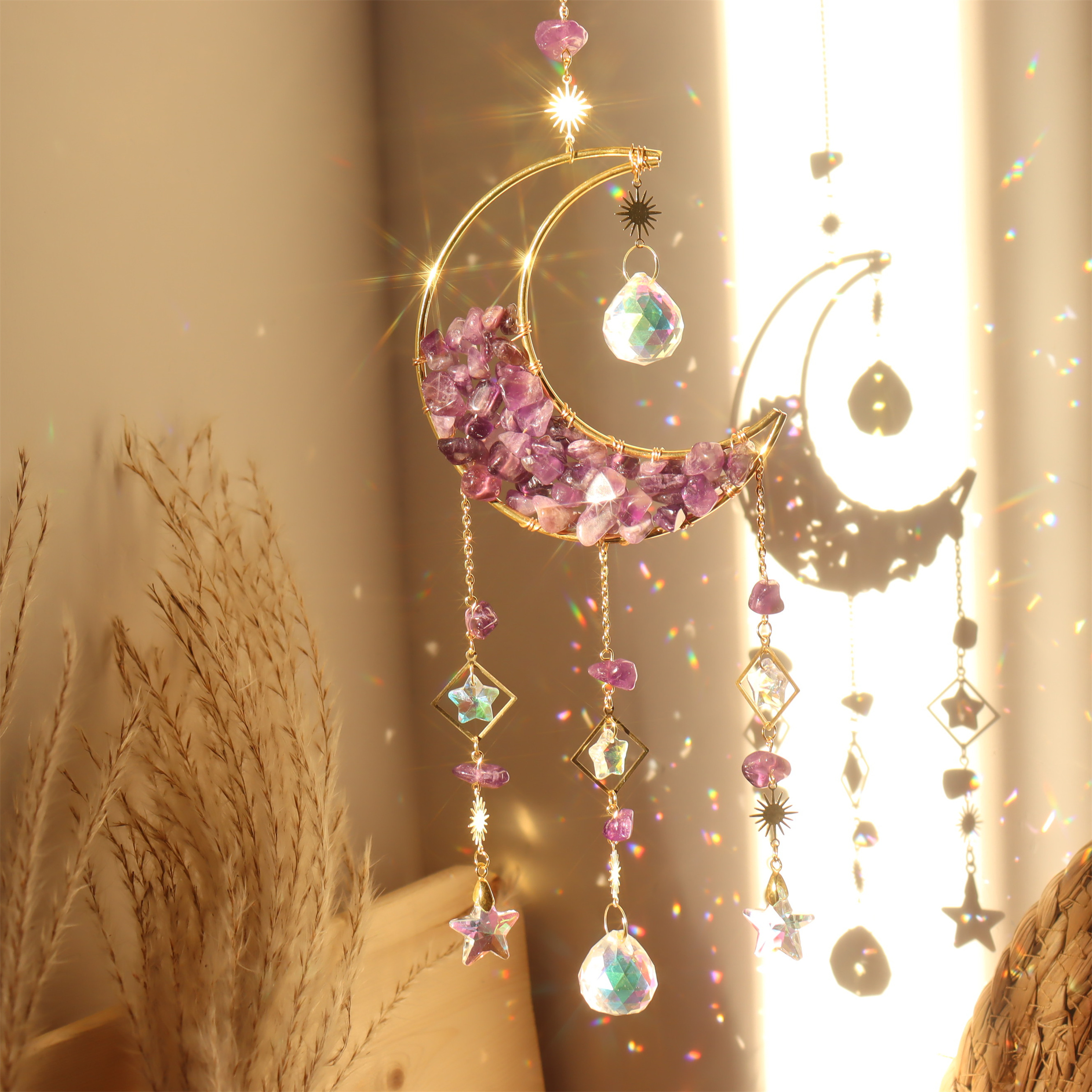 Aquamarine Amethyst Obsidian Rainbow Maker: Add a Magical Touch to Your Home with this Stunning Crystal Moon Star Suncatcher!