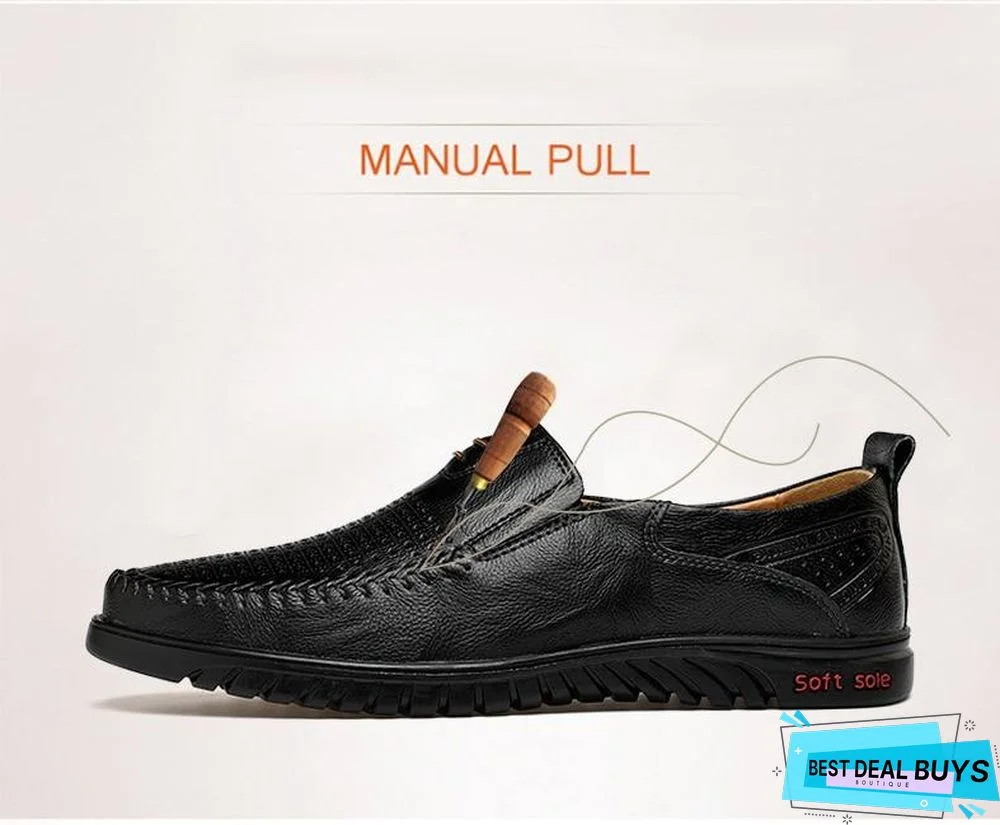 New Openwork Men Black Loafer Perforated Shoes Leather Flats Driving Shoes Business Men's Shoes