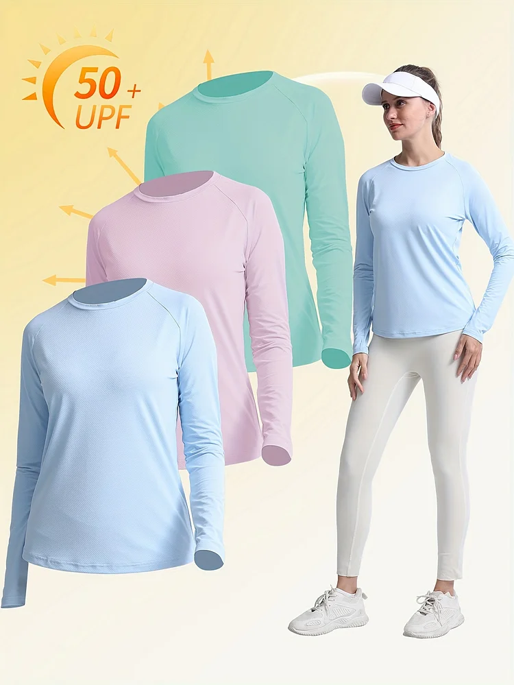 3pcs Upf50+ Women's Sun Protection Shirt, Long Sleeve Athletic Top, Quick Dry Outdoor Apparel, Comfort Fit