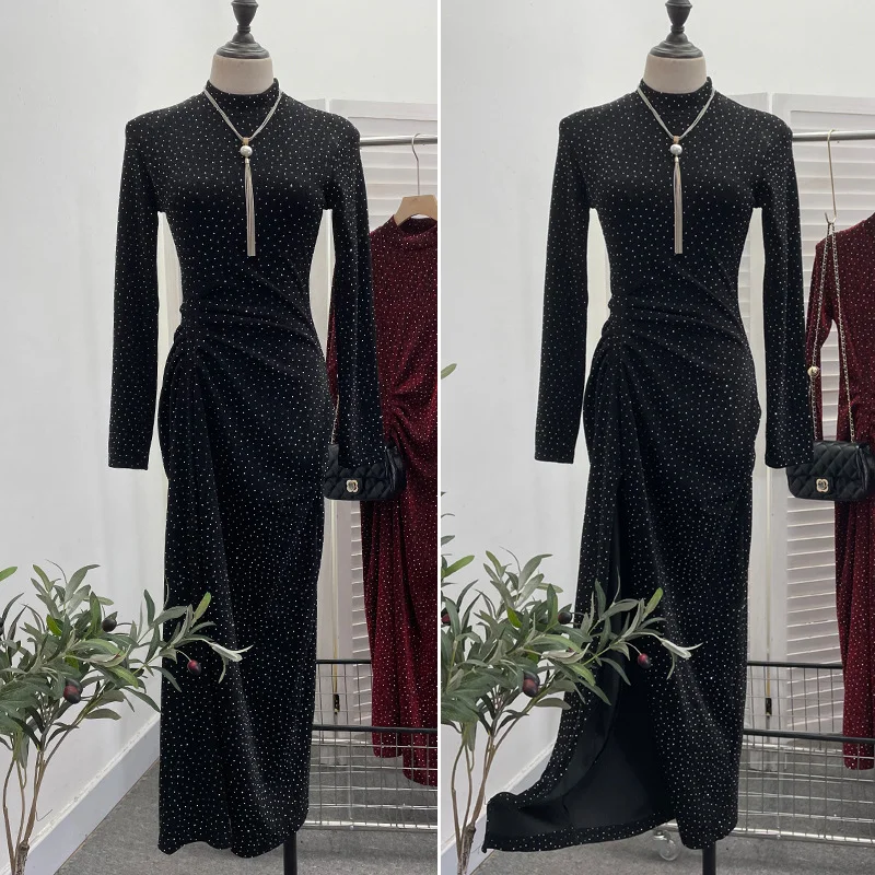 Uveng Design Sexy High Open Fork Folded Small Squint Dress Half-High Collared Shoulder Dress 8872