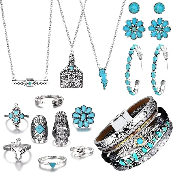 15 Pcs Western Jewelry For Women Boho Turquoise Jewelry Set Western Pendant Necklace Turquoise Earrings Faux Leather Wrap Bracelet Bohemian Western Joint Knuckle Midi Rings Cowgirl Outfits Accessories