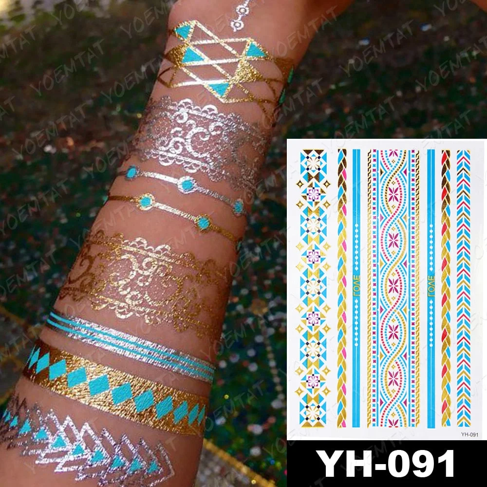 Waterproof Temporary Tattoo Sticker Gold Silver Henna Indian Hand Painted Glitter Tattoos Women Mandala Flower Feather Body Art