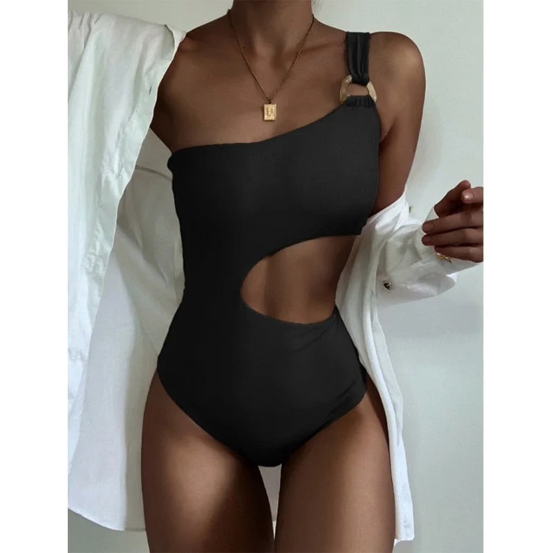 Peachtan One-shoulder swimsuit women Sexy solid one-piece suit High cut monokini Hollow swimwear female Bathing suit Bodysuit