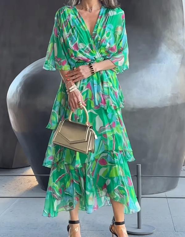 Elegant chiffon printed V-neck cake maxi dress 6K2X