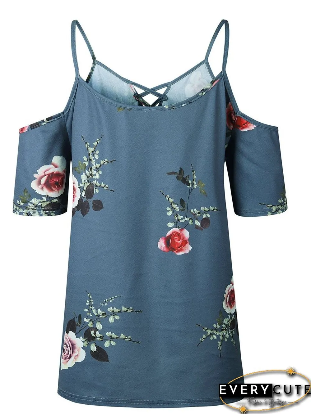 Cold Shoulder Straps Short Sleeves Floral T-Shirt Top