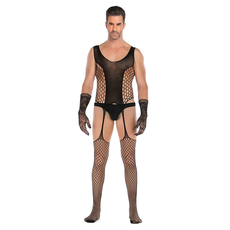 Men's Erotic High Stretch Jacquard One-piece Netsuit Lace Glove Set