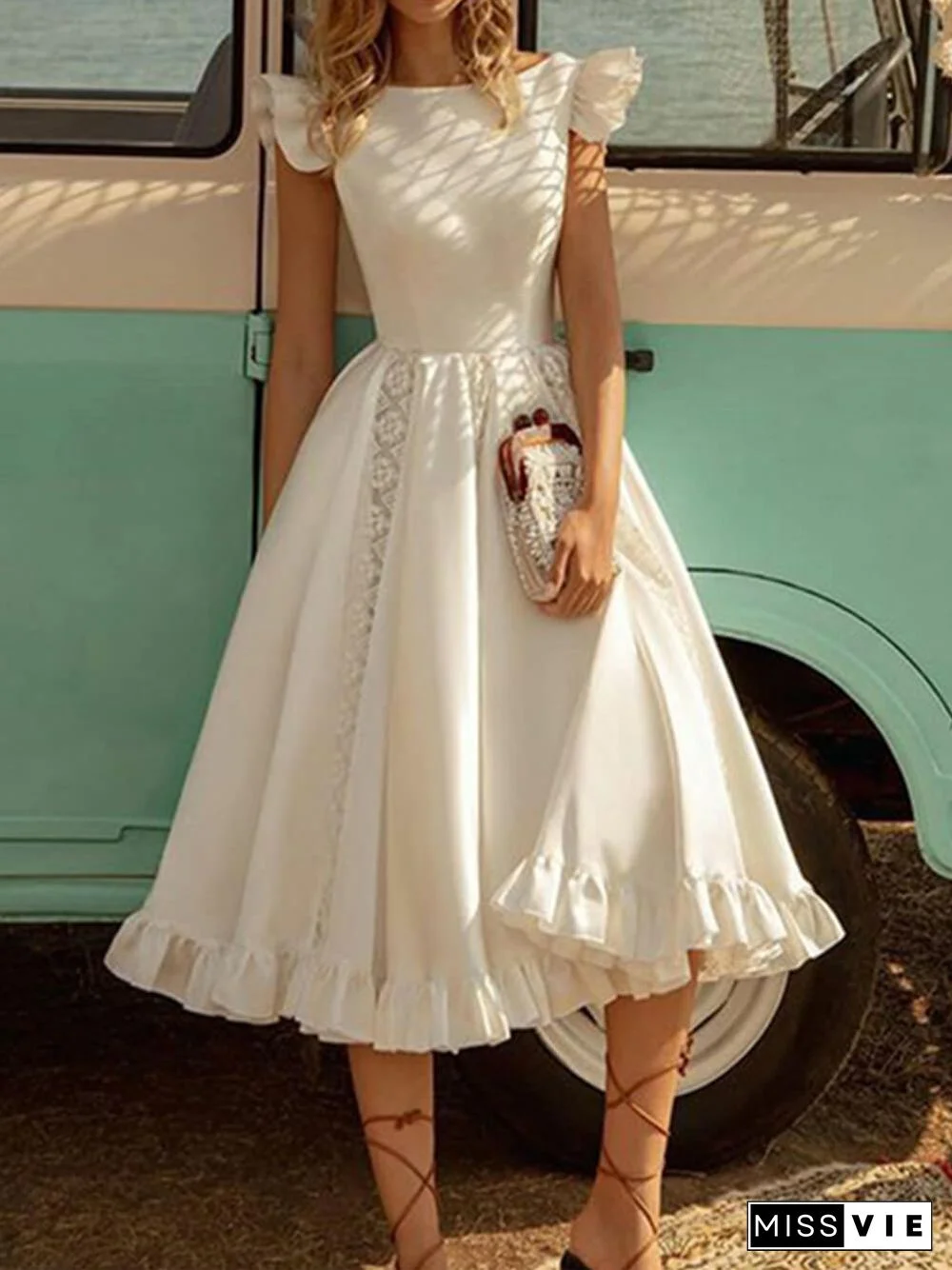 Solid Color Elegant Puff Midi Dress