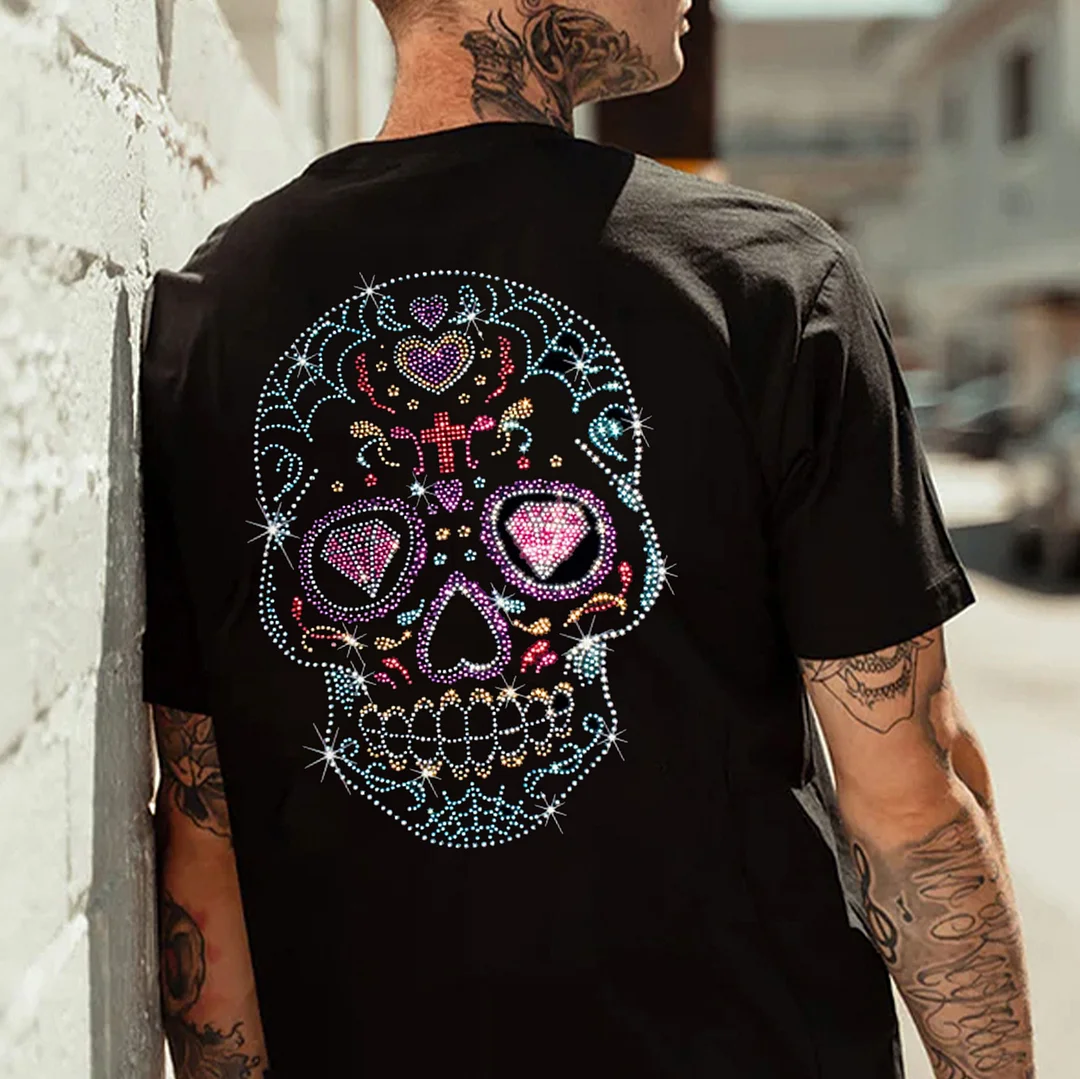 Colorful Masonry Skull Black Print T-shirt