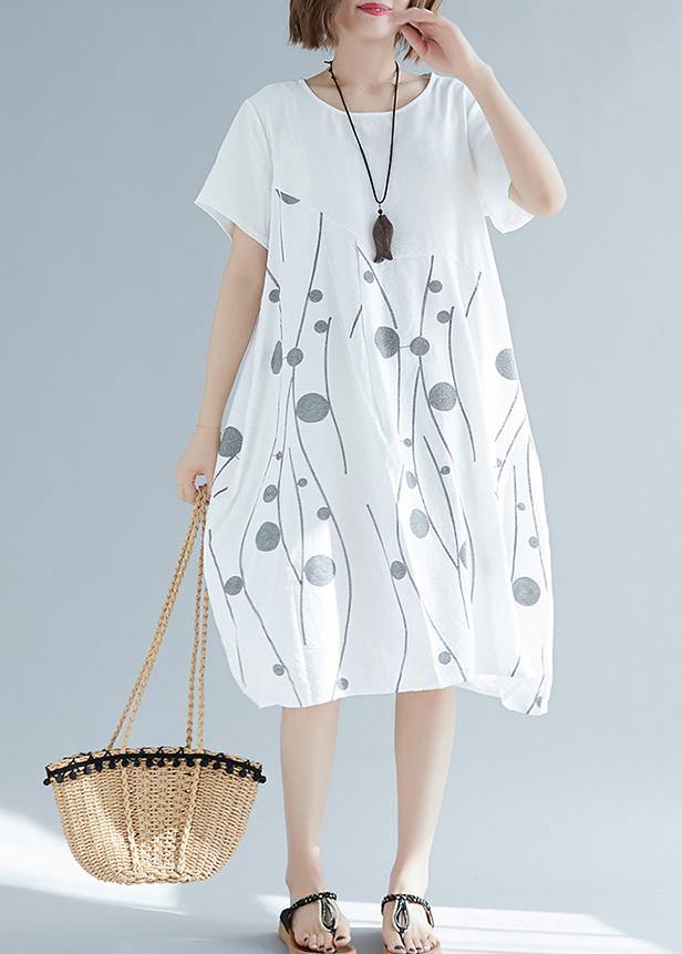 VCSHOES short sleeve cotton linen Tunics Fabrics black print Dresses summer