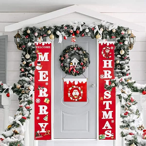 🔥kukelife🔥Christmas-Merry Christmas banner for home Christmas porch sign decorations for holiday indoor outdoor front door home wall hanging Christmas decorations