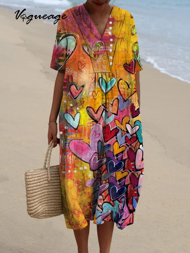 Bright And Cheerful Love Printed Women's Casual Cotton And Linen Dress