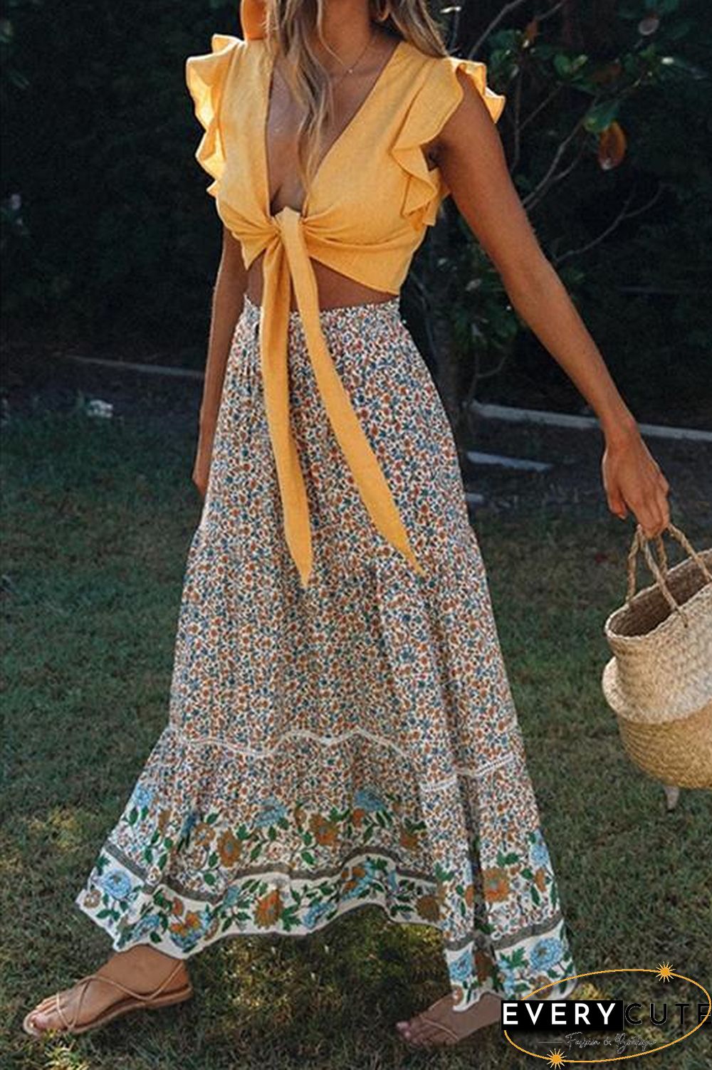 Floral Print Drawstring Waist Maxi Skirts