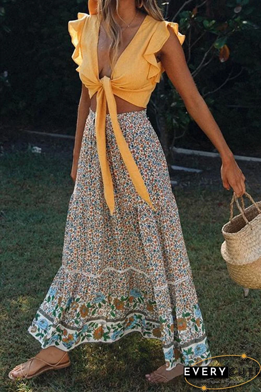 Floral Print Drawstring Waist Maxi Skirts