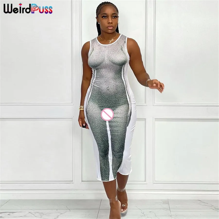Weird Puss Sexy Aesthetic Print Long Dresses Women Summer Sleeveless Bodycon Stretchy Hipster Club Streetwear 2021 New Clothing